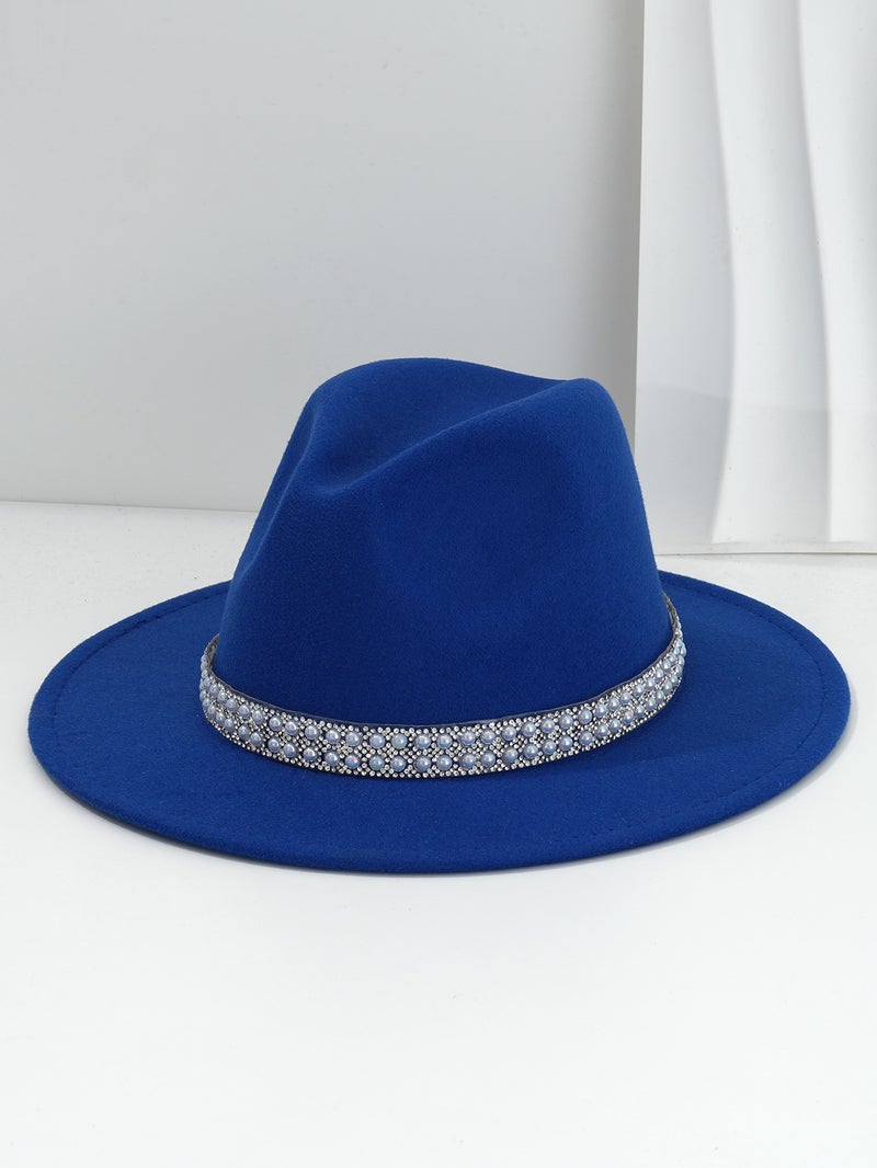 Men'S And Women'S French Felt Topper Hat Wide Accessories Blue Pearl Gem Rhinestone Belt Retro Jazz Hat Bridesmaid Wedding - Image 1