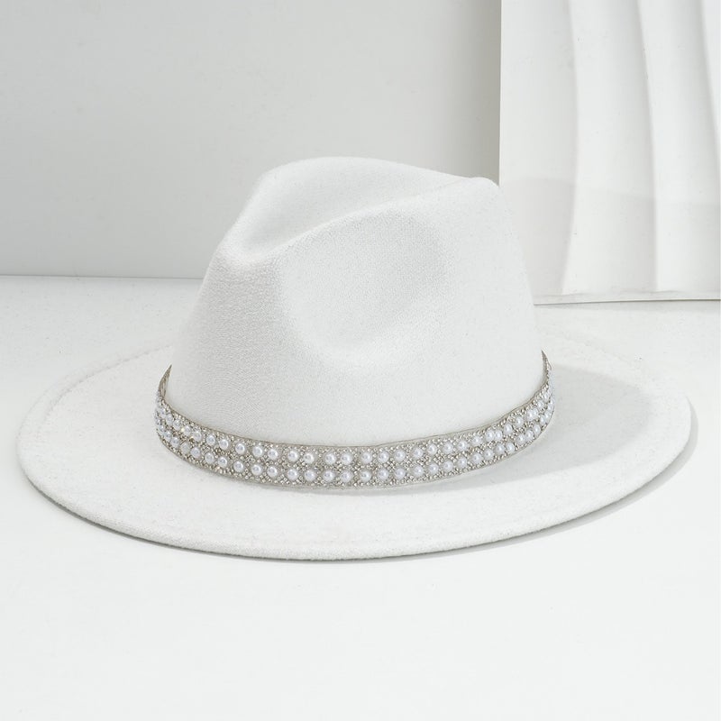 Men'S And Women'S French Felt Topper Hat Wide Accessories Blue Pearl Gem Rhinestone Belt Retro Jazz Hat Bridesmaid Wedding - Image 5