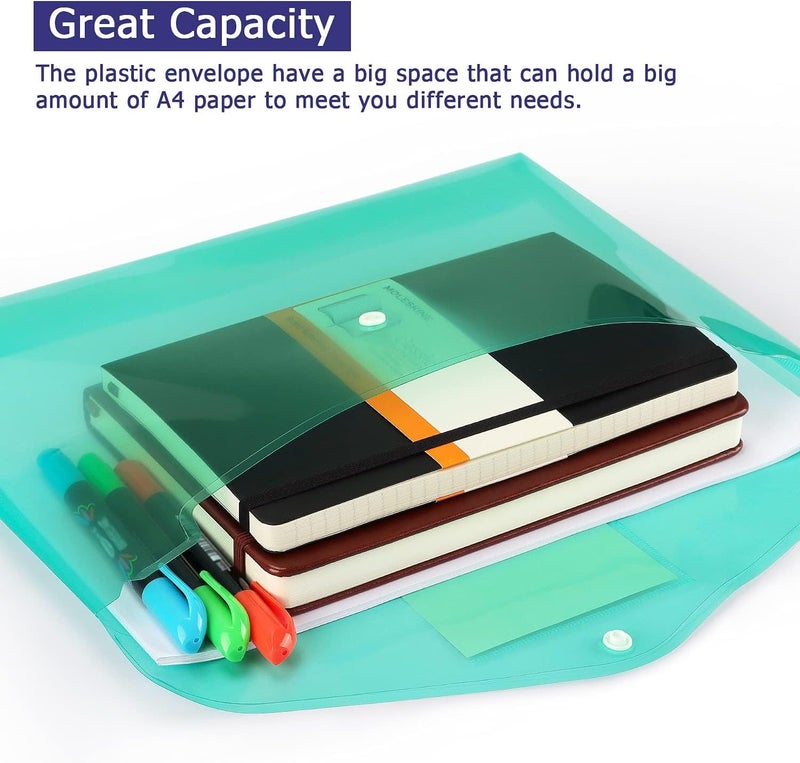 SAGREENY 6 Pack Clear Document Folders Plastic Envelopes Poly Envelopes File Envelopes With Label Pocket And Snap Button For Home Work Office Organization, Letter Size/A4 Size, 6 Colors - Image 5