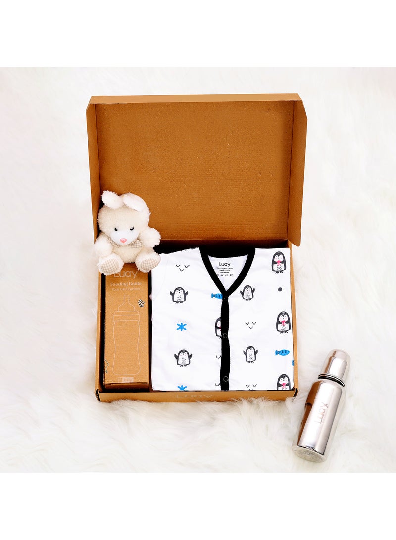 LUAY Premium Gift Box Set with The Baby Romper, Baby Feeding Bottle and Teddy Bear Best Hamper for Babies (3-6 M) - Image 1