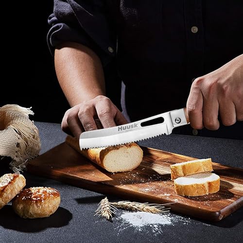 HUUSK Folding Bread Knife for Homemade Bread, Portable Bread Knives with Wide Wavy Edge for Steak, Tomato, Japanese Pocket Knife with 440C Stainless Steel for Cooking, Christmas Gift for Men and Women - Image 2