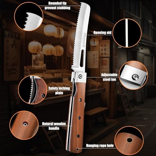 HUUSK Folding Bread Knife for Homemade Bread, Portable Bread Knives with Wide Wavy Edge for Steak, Tomato, Japanese Pocket Knife with 440C Stainless Steel for Cooking, Christmas Gift for Men and Women - Image 4