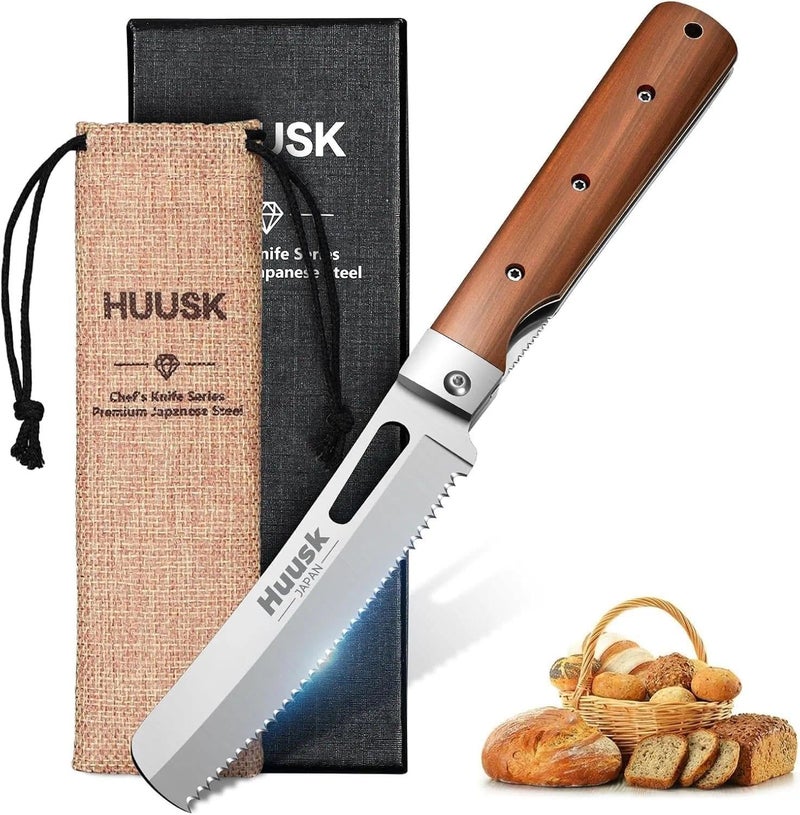 HUUSK Folding Bread Knife for Homemade Bread, Portable Bread Knives with Wide Wavy Edge for Steak, Tomato, Japanese Pocket Knife with 440C Stainless Steel for Cooking, Christmas Gift for Men and Women - Image 1