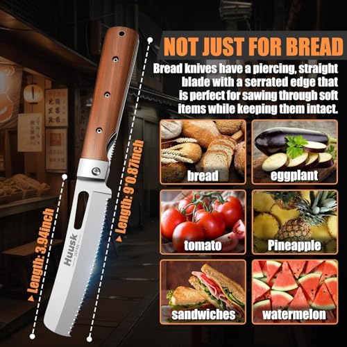 HUUSK Folding Bread Knife for Homemade Bread, Portable Bread Knives with Wide Wavy Edge for Steak, Tomato, Japanese Pocket Knife with 440C Stainless Steel for Cooking, Christmas Gift for Men and Women - Image 5