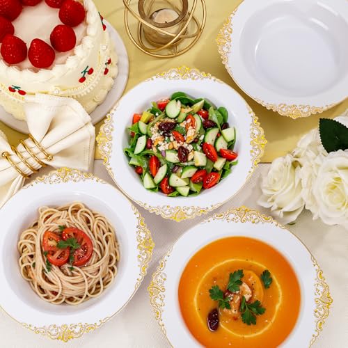 Joyido 100PCS Gold Plastic Bowls - 12 oz White Disposable Salad Bowls - Heavy Duty Soup Serving Bowl - Fancy Plastic Ice Cream Bowl for Parties, Dinners, Catering, Picnics - Image 4