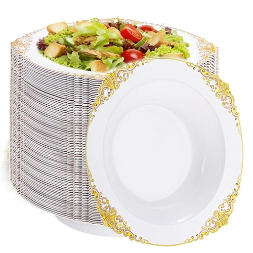 Joyido 100PCS Gold Plastic Bowls - 12 oz White Disposable Salad Bowls - Heavy Duty Soup Serving Bowl - Fancy Plastic Ice Cream Bowl for Parties, Dinners, Catering, Picnics - Image 1