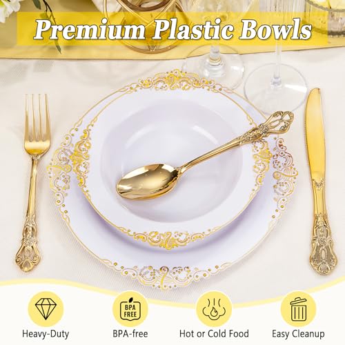Joyido 100PCS Gold Plastic Bowls - 12 oz White Disposable Salad Bowls - Heavy Duty Soup Serving Bowl - Fancy Plastic Ice Cream Bowl for Parties, Dinners, Catering, Picnics - Image 2