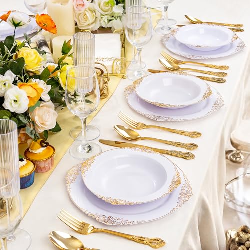 Joyido 100PCS Gold Plastic Bowls - 12 oz White Disposable Salad Bowls - Heavy Duty Soup Serving Bowl - Fancy Plastic Ice Cream Bowl for Parties, Dinners, Catering, Picnics - Image 5