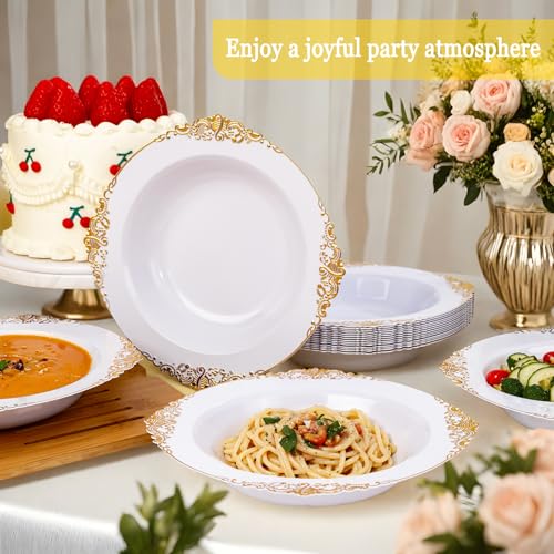 Joyido 100PCS Gold Plastic Bowls - 12 oz White Disposable Salad Bowls - Heavy Duty Soup Serving Bowl - Fancy Plastic Ice Cream Bowl for Parties, Dinners, Catering, Picnics - Image 3
