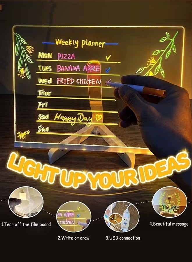 LED Note Board, Ramadan Gift,Birthday Gift,11.6 X 7.8” Light up Acrylic Message Board, Night Light Writing Drawing Dry Erase Board, Personalized Note Board with 1 Adjustable Stand 7 Pens and  Soft Cloth for Office Home School - Image 4