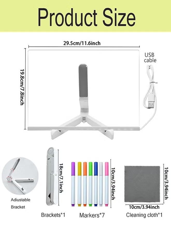 LED Note Board, Ramadan Gift,Birthday Gift,11.6 X 7.8” Light up Acrylic Message Board, Night Light Writing Drawing Dry Erase Board, Personalized Note Board with 1 Adjustable Stand 7 Pens and  Soft Cloth for Office Home School - Image 3
