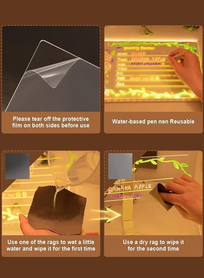 LED Note Board, Ramadan Gift,Birthday Gift,11.6 X 7.8” Light up Acrylic Message Board, Night Light Writing Drawing Dry Erase Board, Personalized Note Board with 1 Adjustable Stand 7 Pens and  Soft Cloth for Office Home School - Image 5