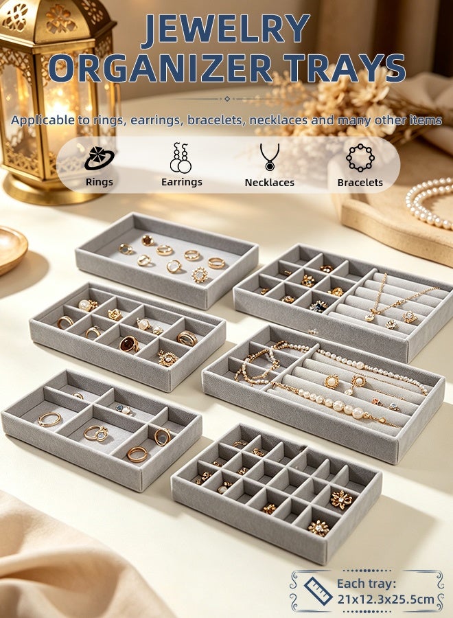 DUNISO Stackable Jewelry Organizer Trays, Velvet Jewelry Trays Organizer for Drawers, Closet Drawer Accessories Tray Set of 6 Drawer Organizer for Earring, Ring, Display Organizer Necklace Storage Showcase Bracelet Removable Tray - Image 1
