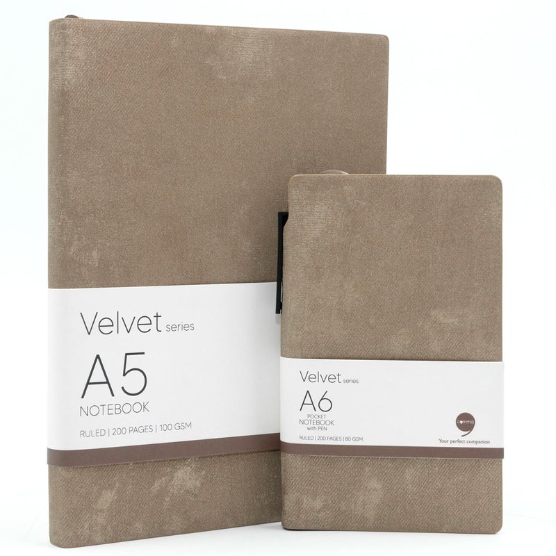 COMMA | Velvet Series | A5 & A6 Size with Pen | Flexible Bound Notebook | 200 Pages | 100gsm Natural Shade Paper | Velvet PU Cover with Edge Colour | Combo – (Brown + Brown) - Image 1