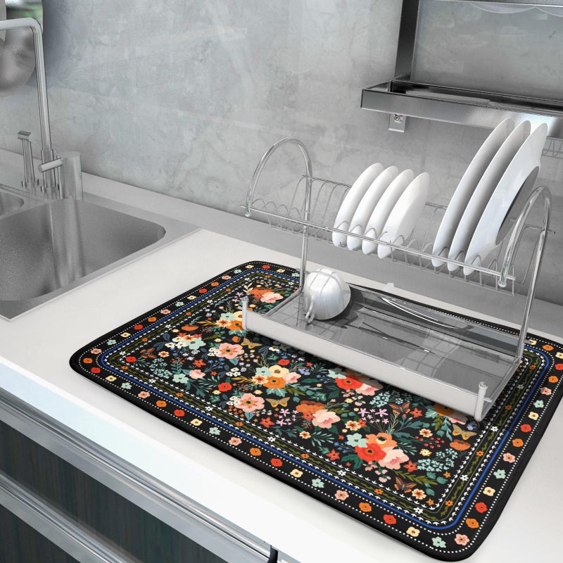 Giwawa Floral Microfiber Dish Drying Mat Large Absorbent Dish Drainer Rack Pad for Kitchen Counter - Image 5
