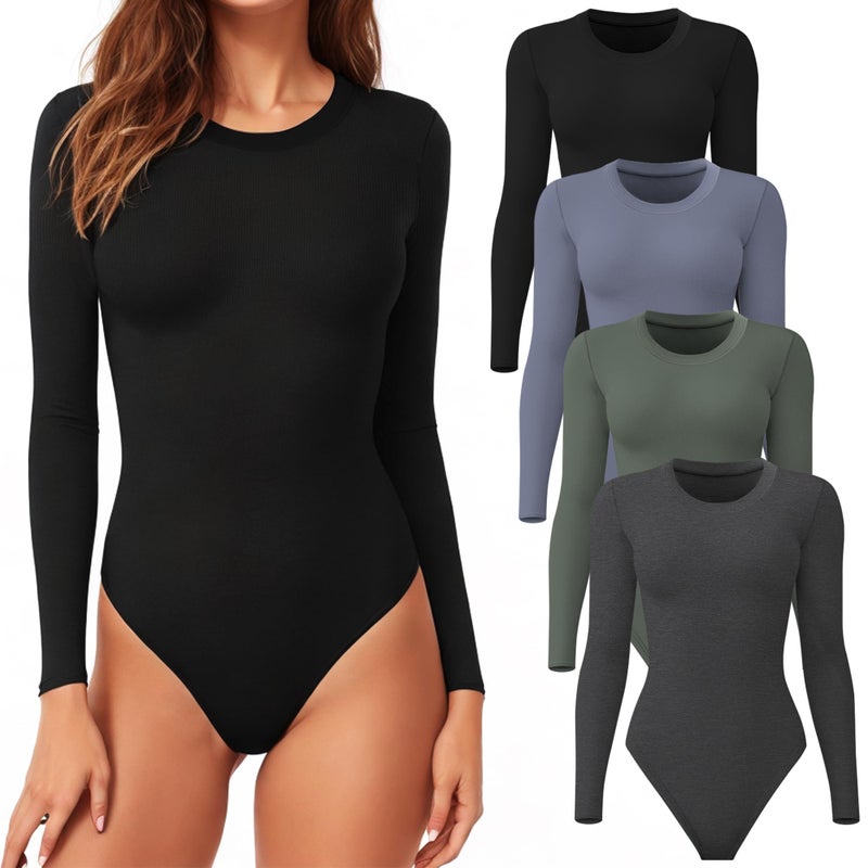 CE CERDR 4 Pack Long Sleeve Bodysuit for Women Round Neck Casual Stretchy Basic Shirts Crew Neck Body Suits Tops