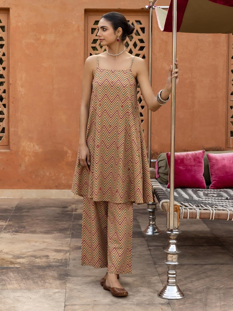 FIORRA Women's Beige Printed Cotton A-Line Kurta Set SET0188 - Image 4
