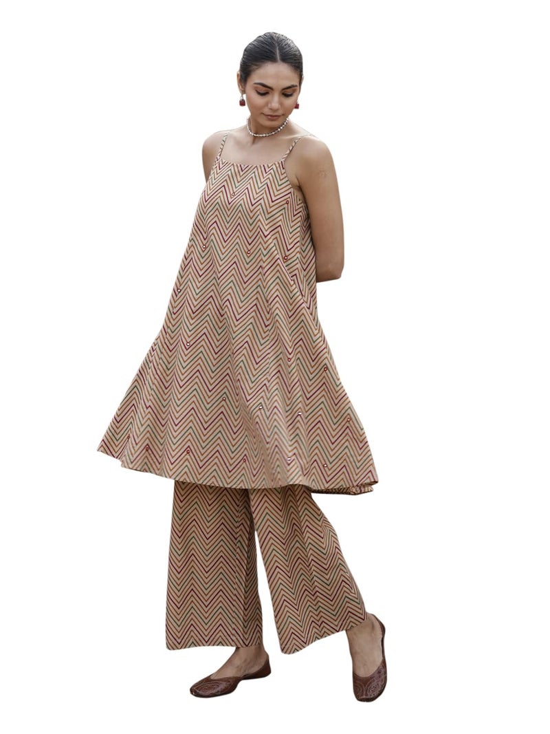 FIORRA Women's Beige Printed Cotton A-Line Kurta Set SET0188 - Image 1