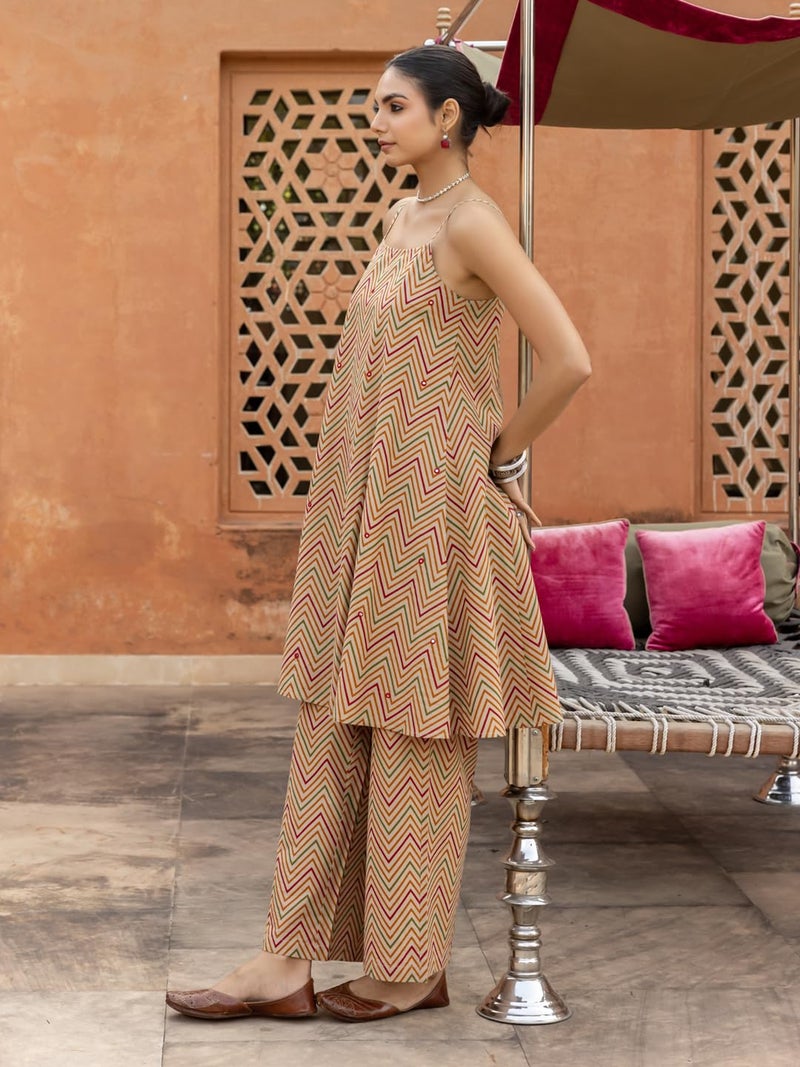 FIORRA Women's Beige Printed Cotton A-Line Kurta Set SET0188 - Image 5