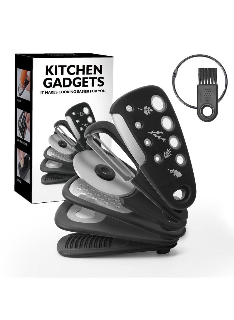 Mmmon Kitchen Gadgets Set 6 Pcs, Space Saving Cooking Tools Kitchen Accessories-Garlic/Ginger Grinder, Cheese Grater, Vegetable/Fruit Peeler, Pizza Cutter, Herb Stripper, Bottle Opener, Gadgets Gift Set - Image 1