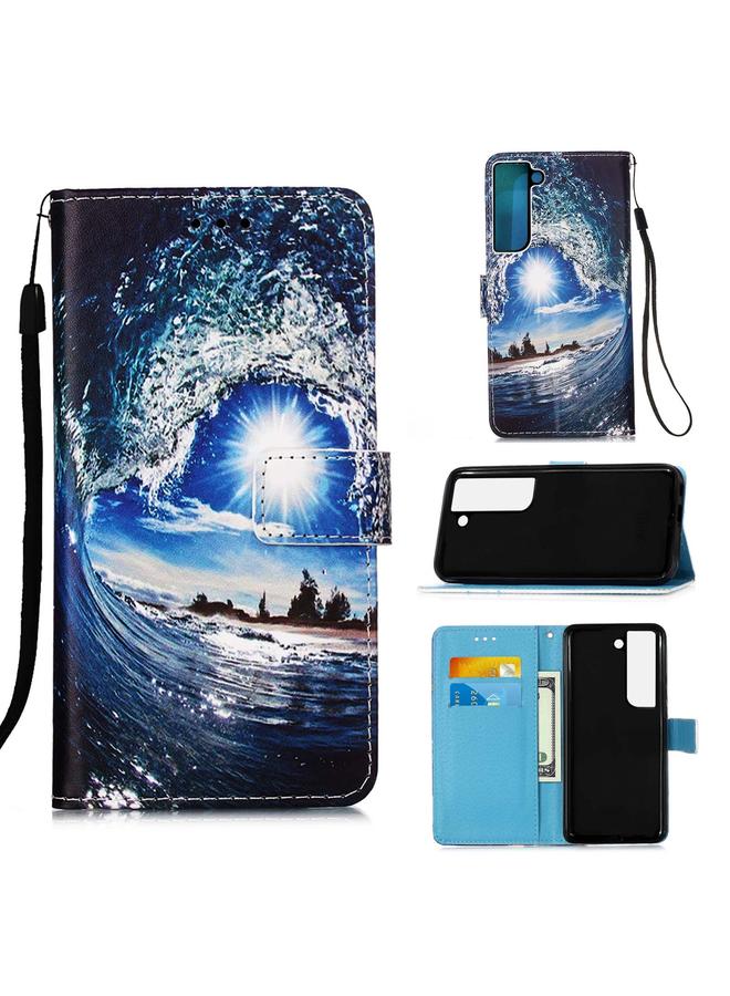 اس-توب جراب لهاتف Samsung Galaxy S22 5G بنمط رسم ملون من الجلد المنسوج البسيط مع حامل وفتحة بطاقة ومحفظة وحبل - Image 1