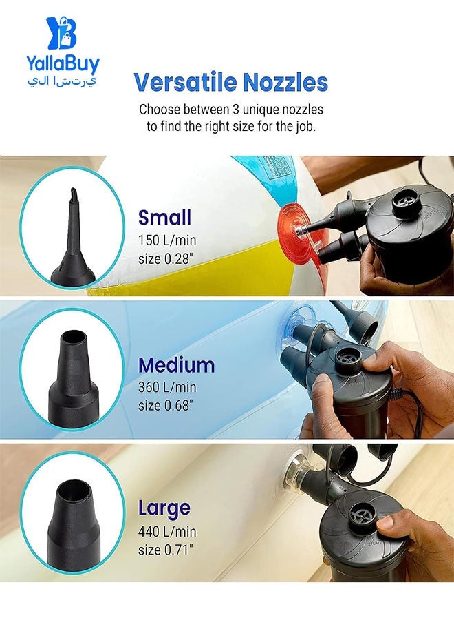 YallaBuy Electric Air Mattress Pump With 3 Nozzles, Portable Quick Inflate & Deflate Air Pump for Camping, Air Beds, Boats and Inflatables - Image 5