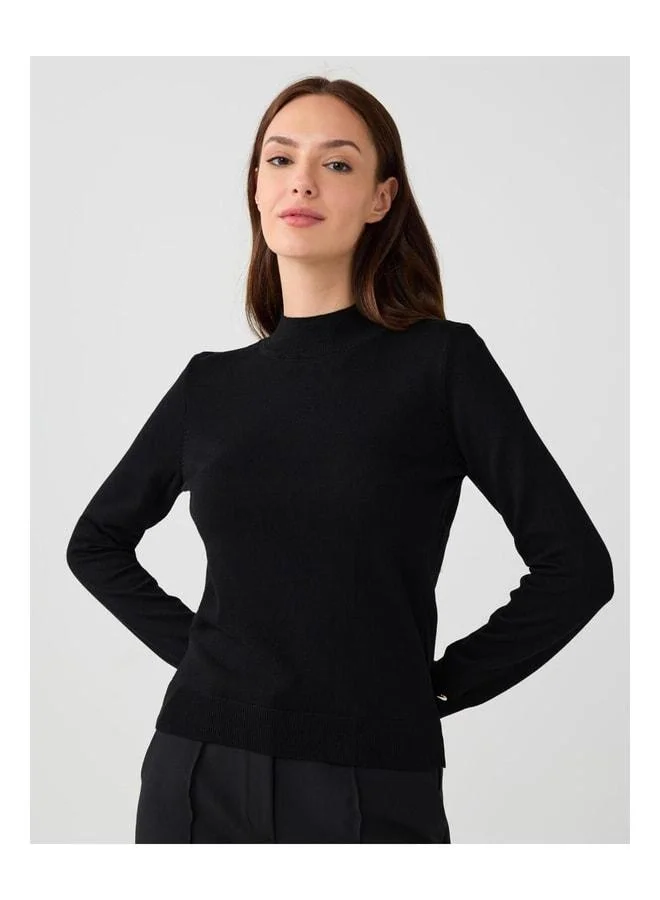 Jimmy Key Black Fisherman Collar Long Sleeve Button-Detail Knit Sweater