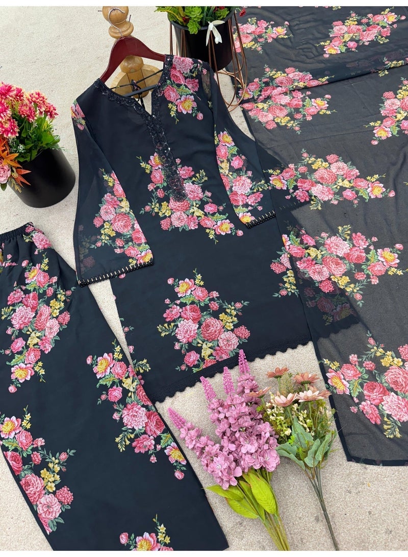 طقم سلوار نسائي من قماش جورجيت صناعي - Image 3