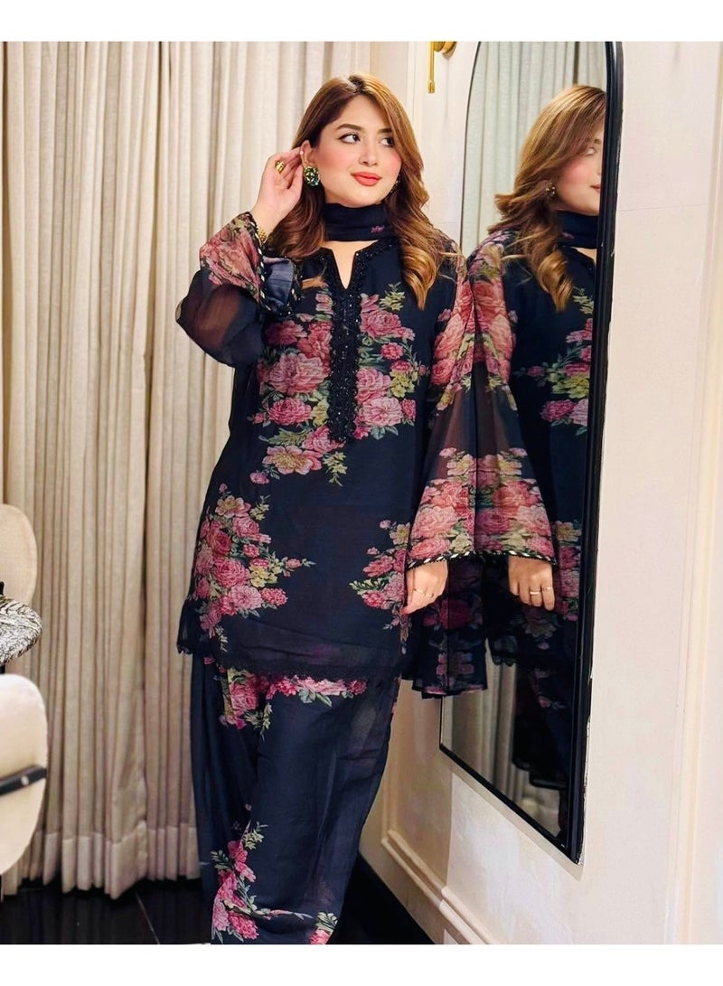 طقم سلوار نسائي من قماش جورجيت صناعي - Image 1