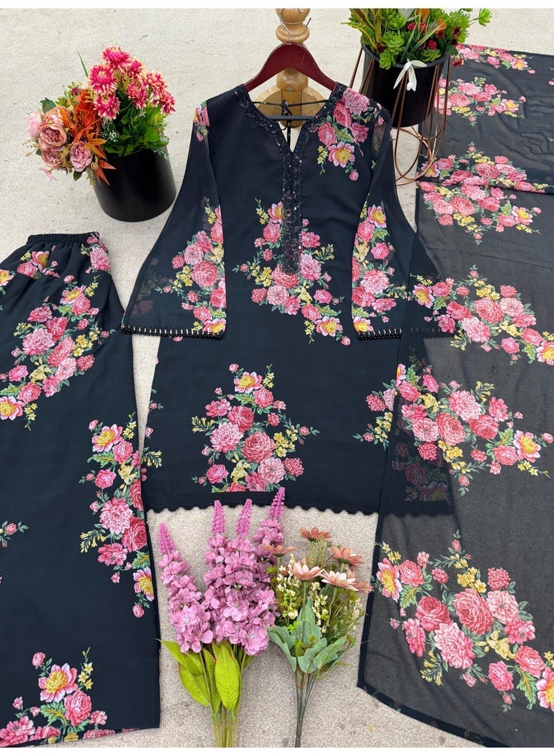 طقم سلوار نسائي من قماش جورجيت صناعي - Image 2