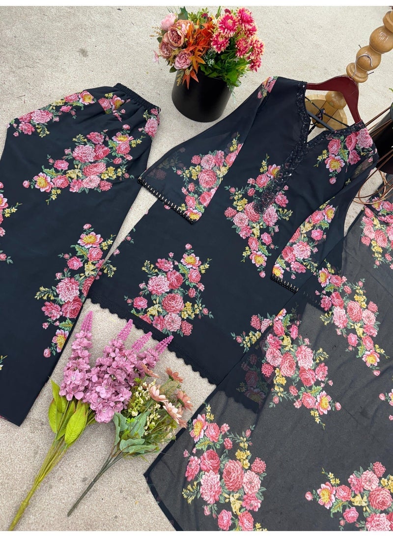 طقم سلوار نسائي من قماش جورجيت صناعي - Image 4