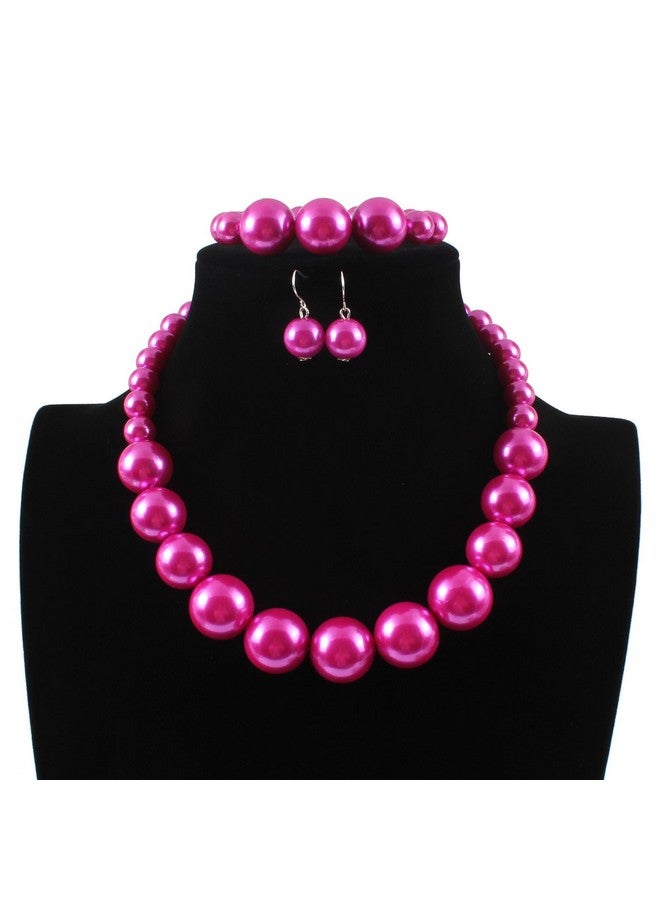 KOSMOS-LI Women'S Large Big Simulated Fuchsia Pearl Statement 19" Necklace Bracelet And Earrings Jewelry Set - Image 2