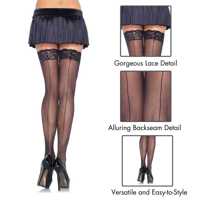Leg Avenue Women's Sheer Stocking W/Back Seam Lace Top, Black, One Size - Image 3