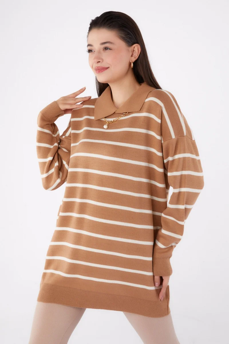 Tofisa Plain Shirt Collar Women's Mink Necklace Knit Tunic - 26422