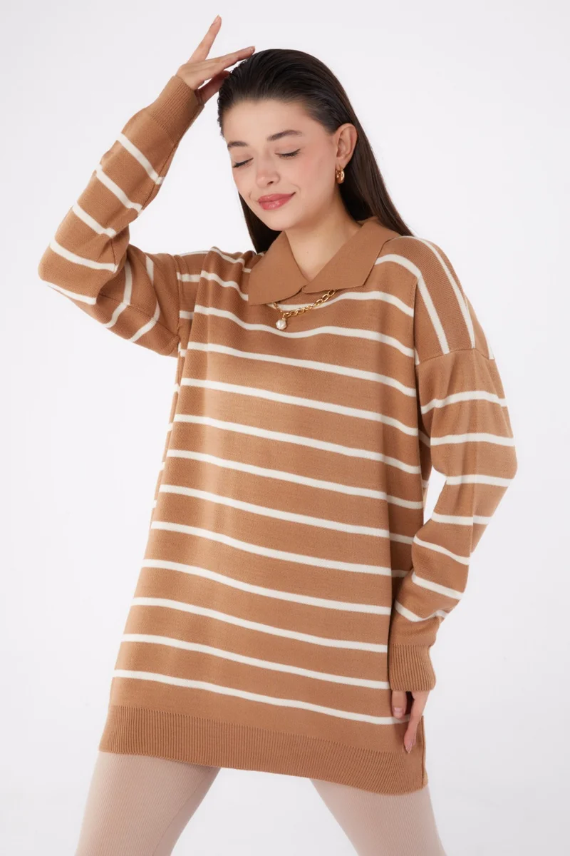 Tofisa Plain Shirt Collar Women's Mink Necklace Knit Tunic - 26422