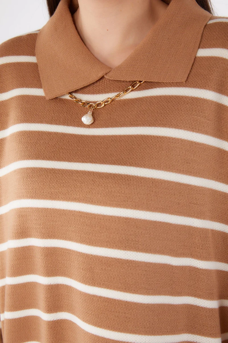 Tofisa Plain Shirt Collar Women's Mink Necklace Knit Tunic - 26422