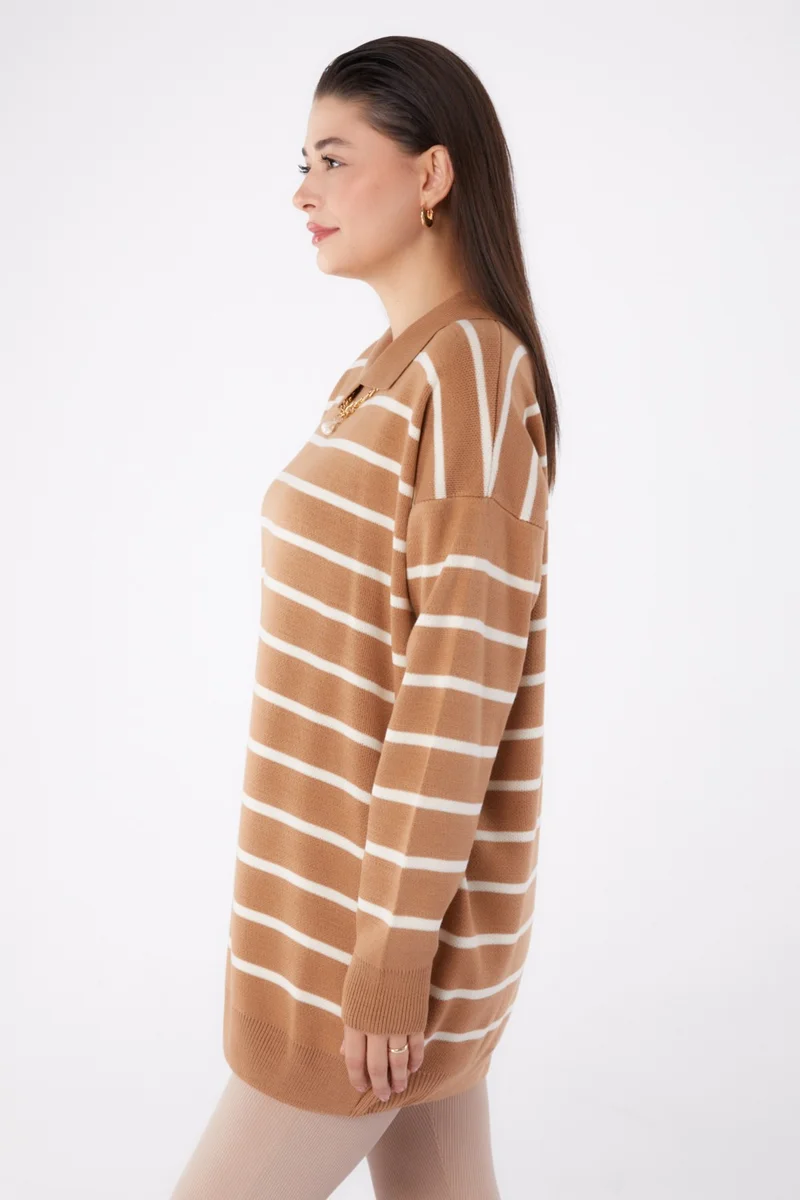 Tofisa Plain Shirt Collar Women's Mink Necklace Knit Tunic - 26422