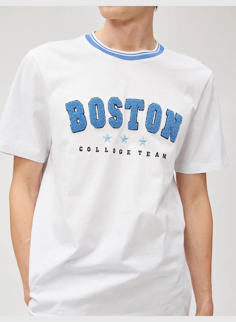 KOTON Varsity T-Shirt Crew Neck Embroidered Applique Detailed