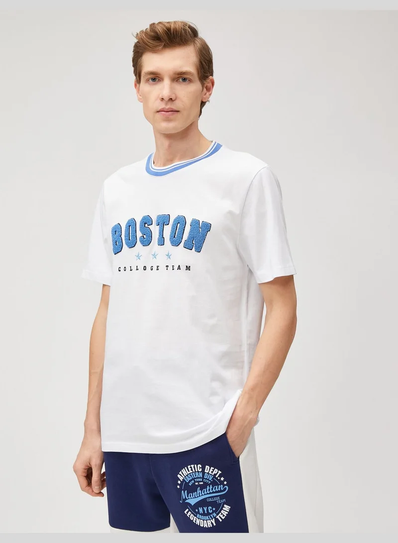 KOTON Varsity T-Shirt Crew Neck Embroidered Applique Detailed