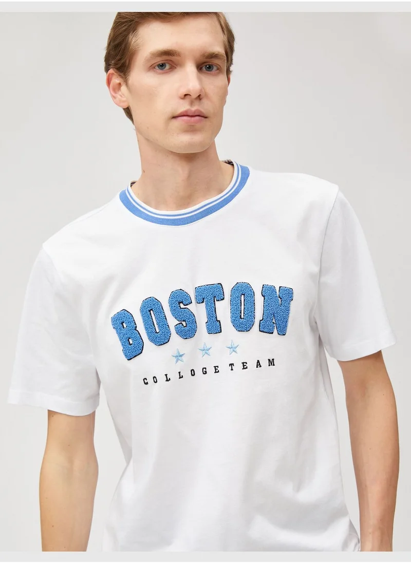 KOTON Varsity T-Shirt Crew Neck Embroidered Applique Detailed