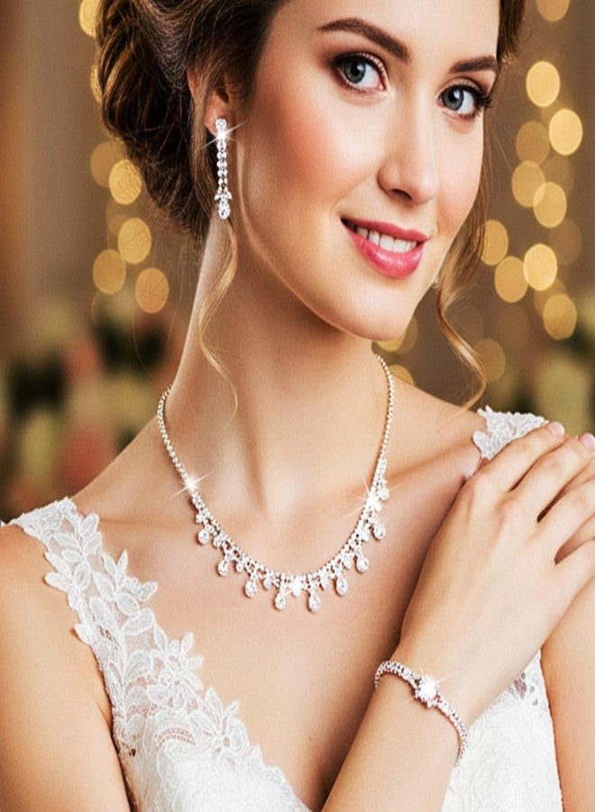 جورايس طقم مجوهرات زفاف وحفلات تخرج فضي من GORAIS، يتألف من عقد وأقراط مرصعة بأحجار الراين، مناسب للنساء للمناسبات الرسمية. - Image 2