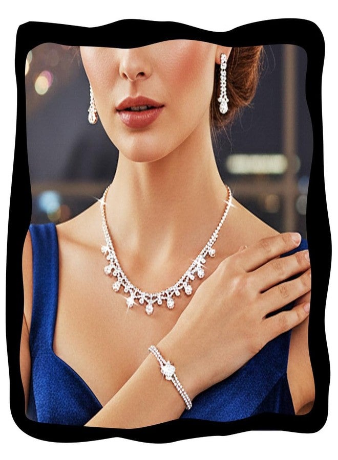 جورايس طقم مجوهرات زفاف وحفلات تخرج فضي من GORAIS، يتألف من عقد وأقراط مرصعة بأحجار الراين، مناسب للنساء للمناسبات الرسمية. - Image 1