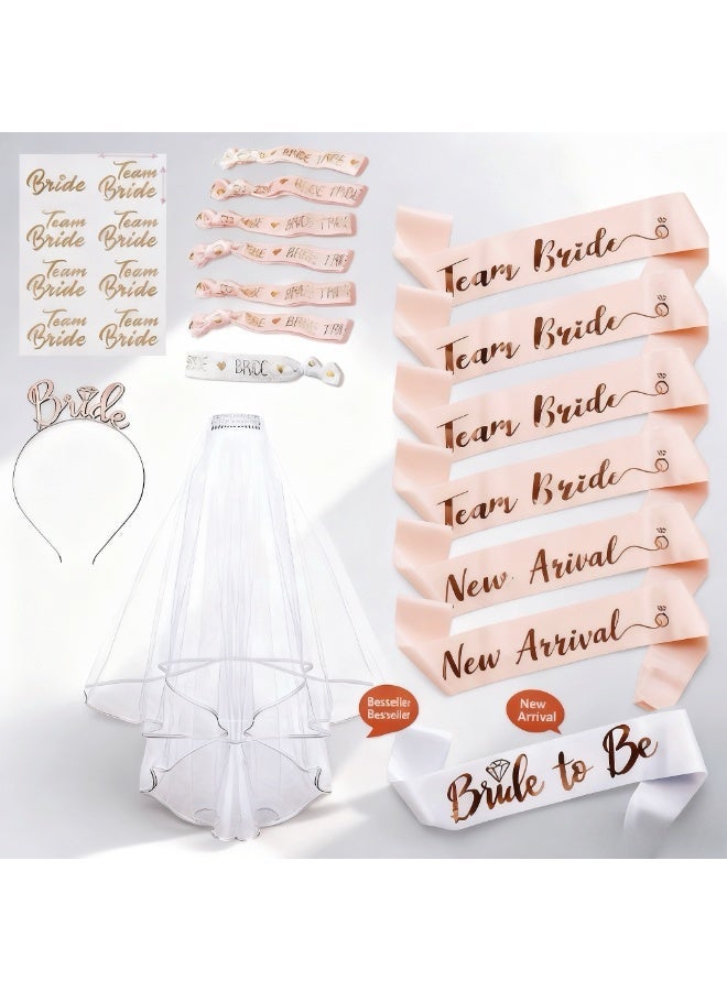 طقم حفلة عزوبية فاخرة - مجموعة مكونة من 17 قطعة تشمل حجاب، طوق شعر، ملصقات، حزام كتف، إكسسوارات معصم مصممة للعروس - مثالية لليلة البنات - Image 1