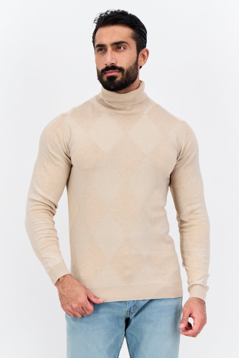 Sorbino Men Turtle Neck Argyle Pattern Long Sleeves Sweater, Tan - Image 1