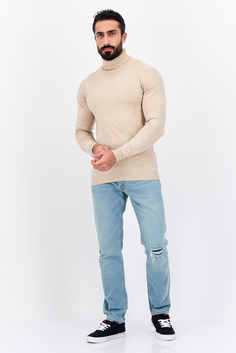Sorbino Men Turtle Neck Argyle Pattern Long Sleeves Sweater, Tan - Image 4