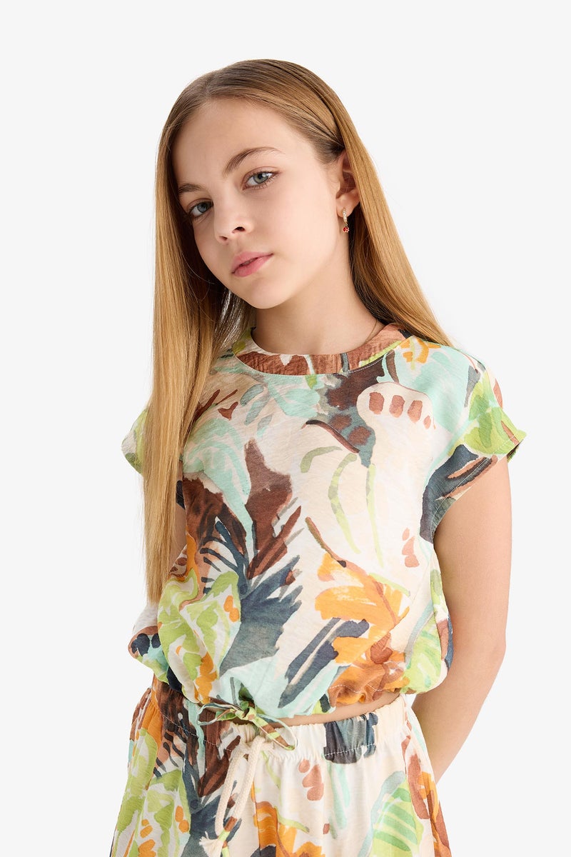 ديفاكتو بلوزة كتان بناتي نص كم منقوش أخضر - Image 4