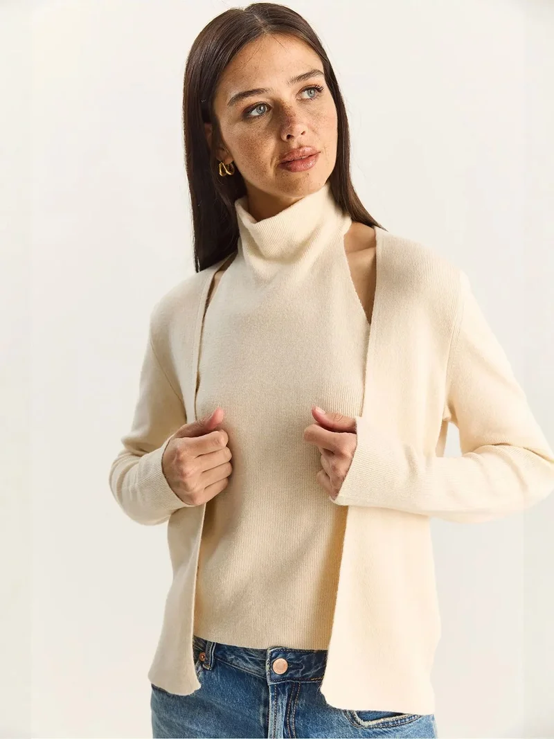 Bianco Lucci Cream Natural LUCCI Half Turtleneck Cut Out Ribbed Blouse for Women | Best Price UAE