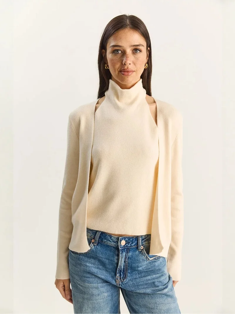 Bianco Lucci Cream Natural LUCCI Half Turtleneck Cut Out Ribbed Blouse for Women | Best Price UAE