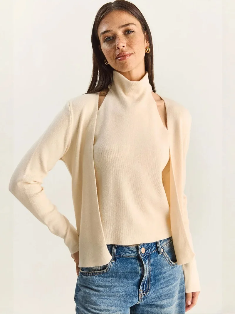 LUCCI Half Turtleneck Cut Out Ribbed Blouse