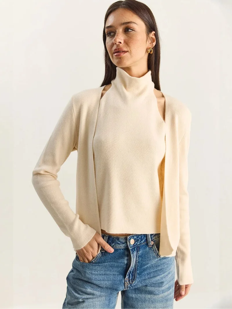 Bianco Lucci Cream Natural LUCCI Half Turtleneck Cut Out Ribbed Blouse for Women | Best Price UAE